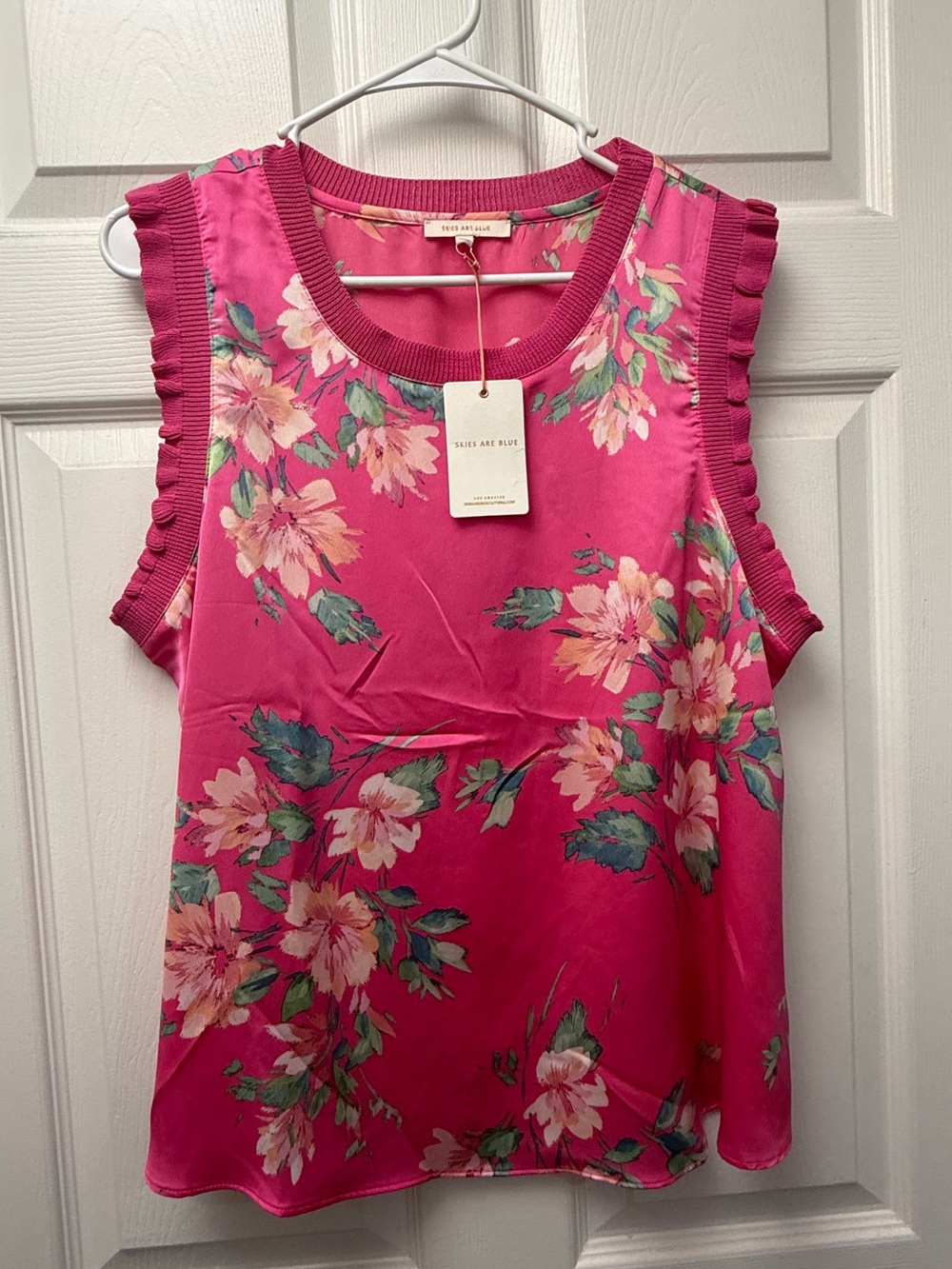 Skies Are Blue Hot Pink Floral Ruffle-Trim Tank